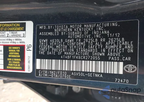 2012 Toyota Camry Le from USA, damaged, VIN 4T4BF1FK6CR272055
